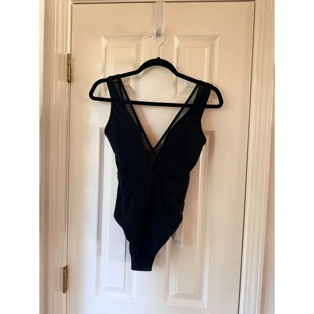 JETS Australia Soho Plunge One Piece Swimsuit Black Mesh V-Neck Size 6 US 10 AUS